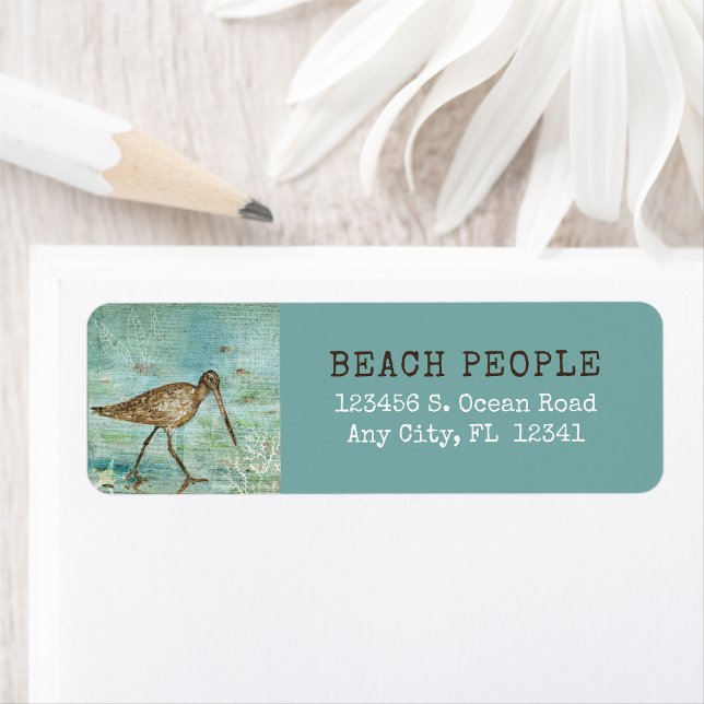 Etiqueta Arte de Praia do Aipo Costeiro (Customizable Coastal Bird Snipe Beach Art Label from Jenn's Emporium.)