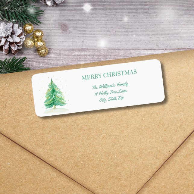 Etiqueta Árvore de Natal Aquarela com neve Dourada (Criador carregado)