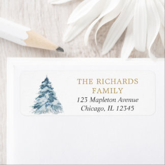 Etiqueta Árvore de Natal de aquarela com neve elegante