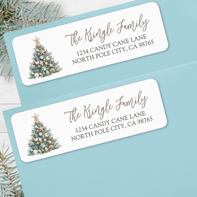Etiqueta Árvore de Natal de Praia Endereço de Devolução (Beach Christmas Tree Return Address label)