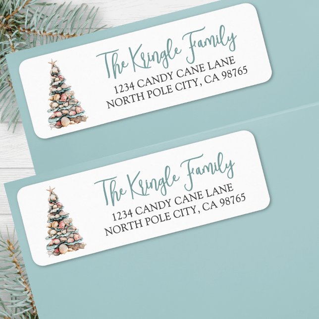 Etiqueta Árvore de Natal de Praia Endereço de Devolução (Beach Christmas Tree Return Address label)