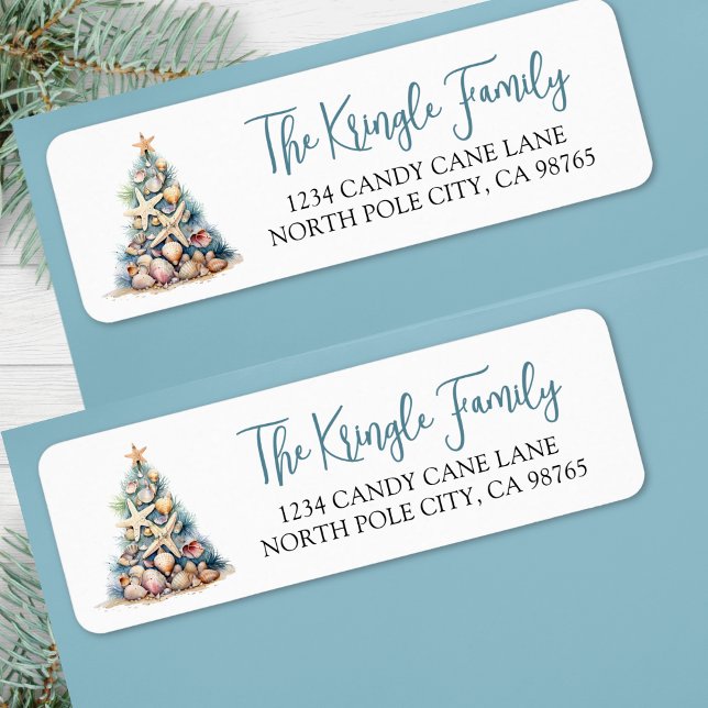 Etiqueta Árvore de Natal de Praia Endereço de Devolução (Beach Christmas Tree Return Address label )