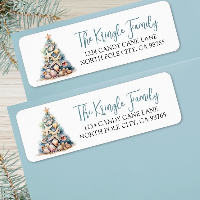 Etiqueta Árvore de Natal de Praia Endereço de Devolução (Beach Christmas Tree Return Address label )