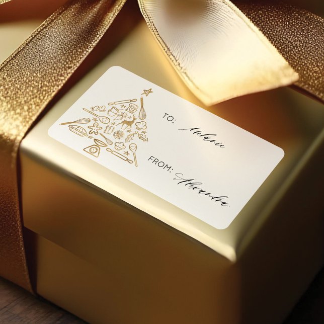 Etiqueta Árvore de Natal Dourada para e de Férias (Christmas Baking Tree Gold To & From Holiday Label)