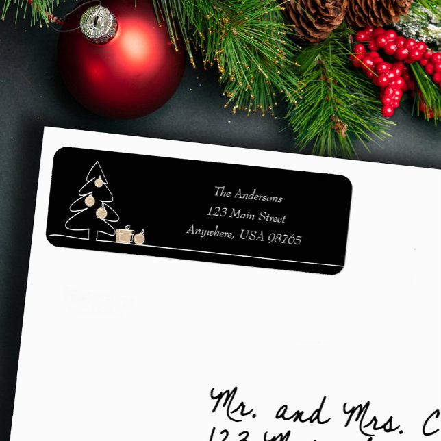Etiqueta Árvore de Natal mais feliz em preto (Merriest Christmas tree on black return address labels)
