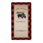Etiqueta Árvore de Natal Russa Buffalo Para De Presente<br><div class="desc">Ilustração de um bisão de búfalo vestindo chapéu de Papai Noel com árvore de Natal amarrada às costas. A borda é o padrão de xadrez de búfalo vermelho e preto.</div>