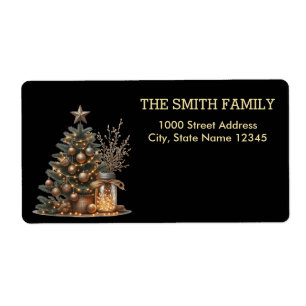 Etiqueta Árvore Dourada de Natal com fundo preto