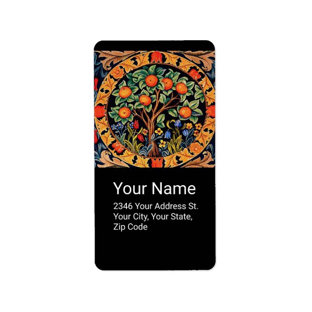 Etiqueta ÁRVORE LARANJA COM FOLHAS VERDES, FLORES Negra (Frente)