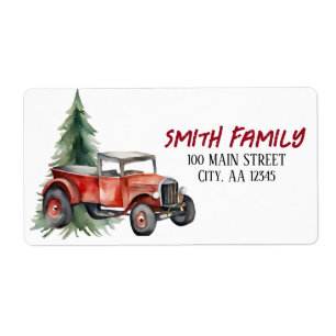 Etiqueta Árvore natalícia e Caminhão Vintage com Aquarela