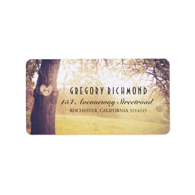 Etiqueta Árvore Rústica Romântica e Casamento Cardíaco (Frente)