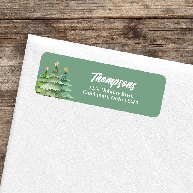 Etiqueta Árvores de Natal Verdes Endereço de Devolução Pers (Green Christmas tree holiday return address labels. )