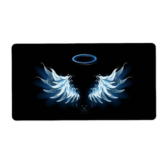 Etiqueta Asas Anjos Azuis Brilhantes em fundo preto (Frente)