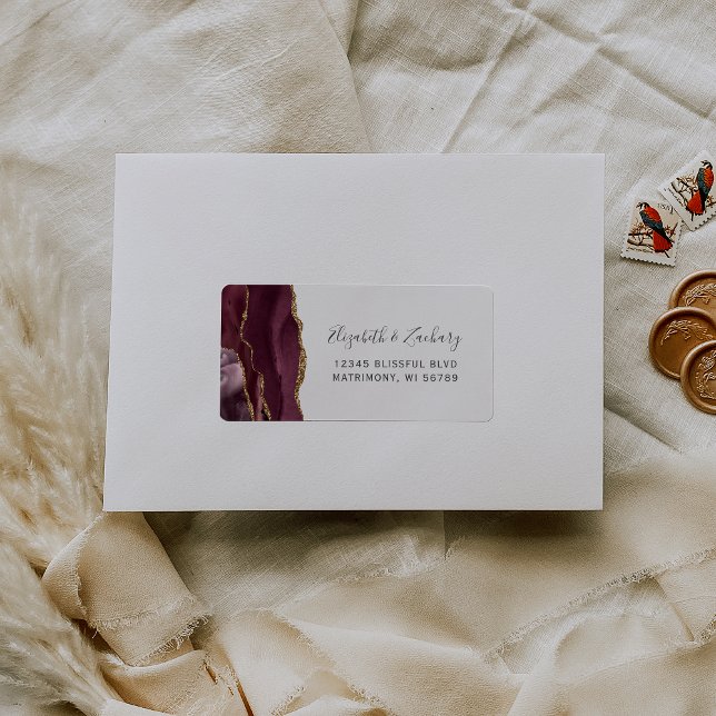 Etiqueta Autoendereço RSVP de Casamento Dourado Chic Burgun (Criador carregado)