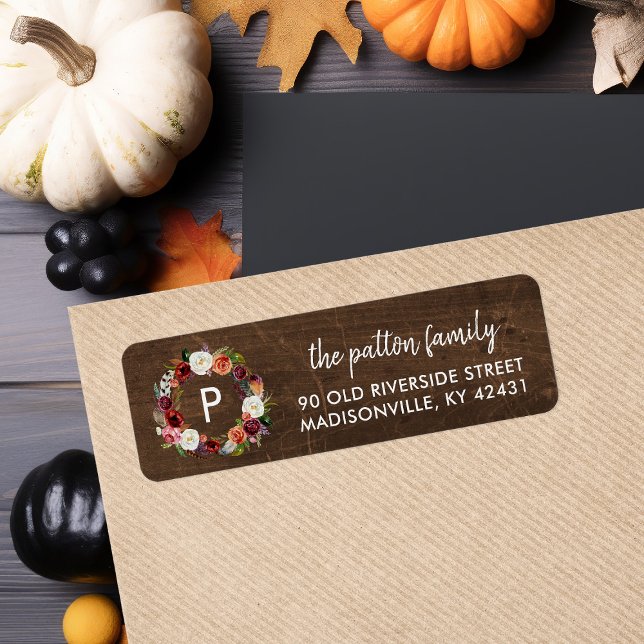 Etiqueta Autumn Boho Blooms Wreath Monograma Endereço de de (Criador carregado)