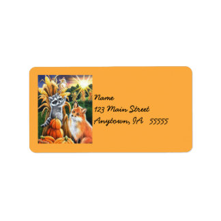 Etiqueta Autumn Harvest Red Fox Raccoon Watercolor Art