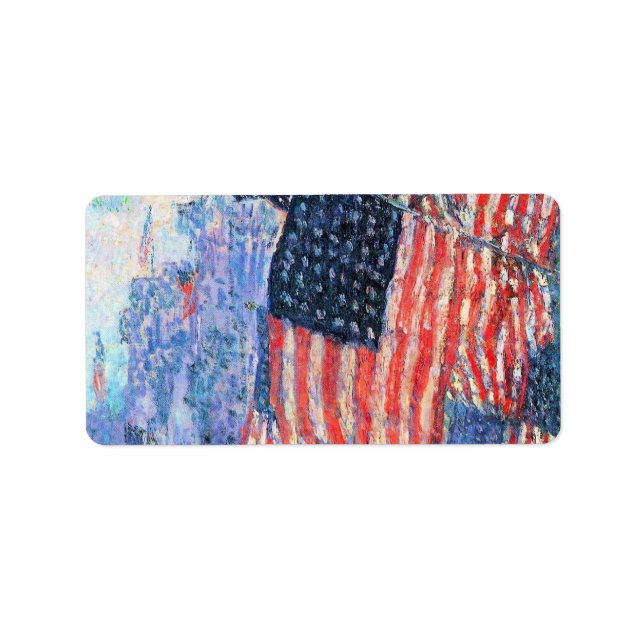 Etiqueta Avenida na Chuva por Frederick Childe Hassam (Frente)