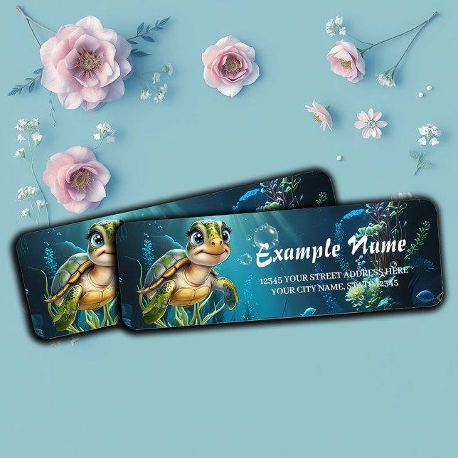 Etiqueta Aventuras submarinas com a tartaruga alegre. (Criador carregado)