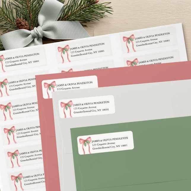 Etiqueta Azevinho de Laço Vermelho Coquette Endereço de Dev (Red Bow and Holly Return Address Labels - Preppy Coquette Holiday Collection by Darling & May)