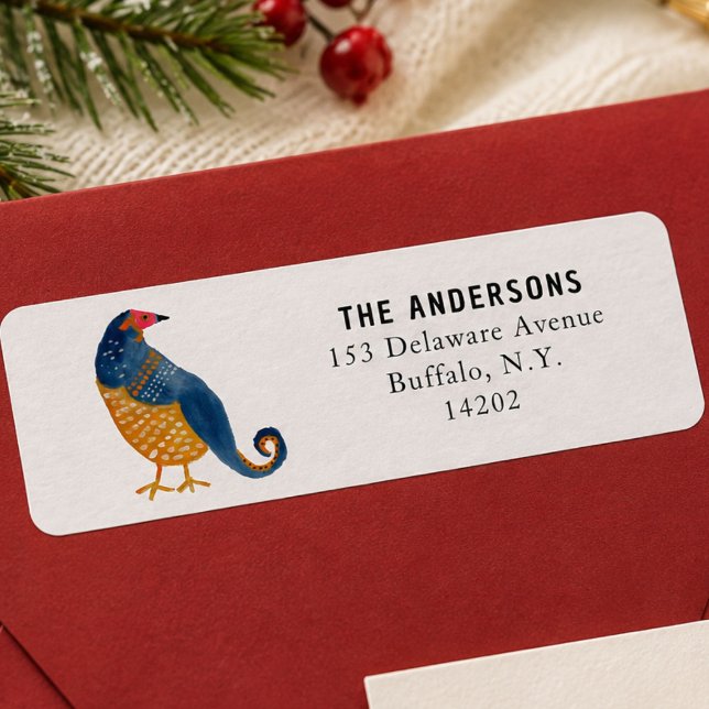 Etiqueta Azul Caprichoso do Pombo Mão Desenhado Endereço de (This Christmas address label features your address alongside my artwork of a blue and gold bird.)