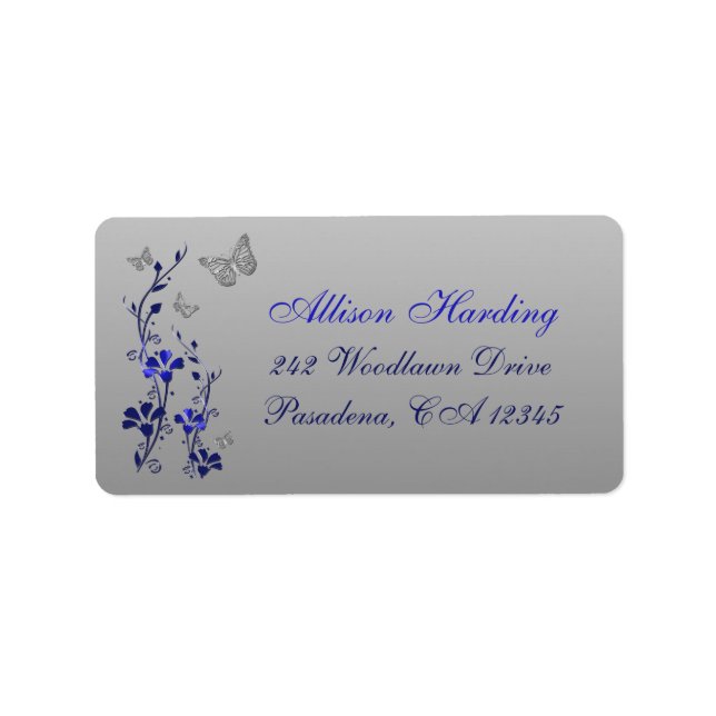 Etiqueta Azul, Cinza Prateada Borboleta Floral Endereço (Frente)