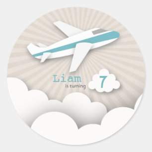 Etiqueta azul da festa de aniversário do avião