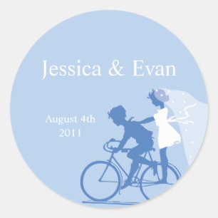 Etiqueta azul do casamento do casal da bicicleta