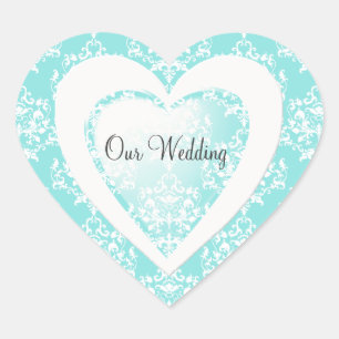 Etiqueta azul do casamento do coração do damasco