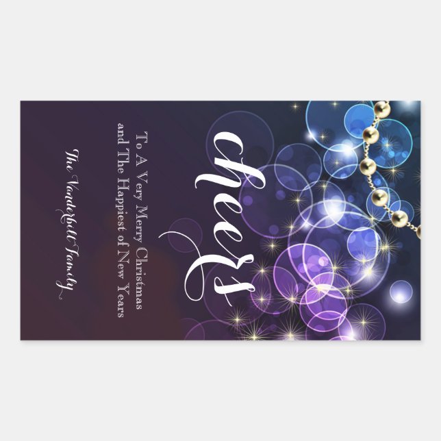 Etiqueta azul e roxa da garrafa de vinho do Natal (Frente)