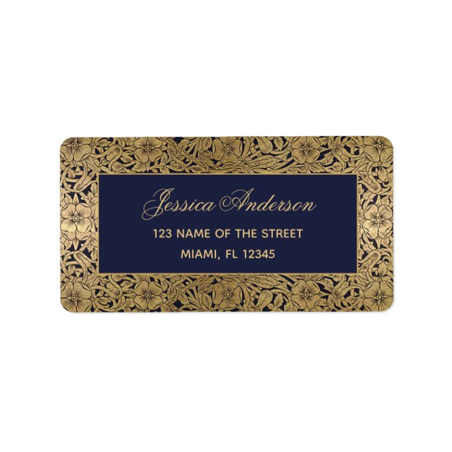 Etiqueta Azul Marinho Elegante Rosas Douradas Antigas Letra (Frente)