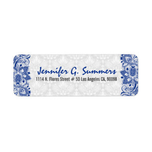 Etiqueta Azul Real Lace e Damascos Florais Brancos