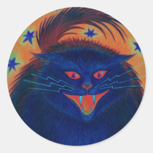 Etiqueta azul redonda de gato assustador
