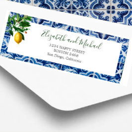 Etiqueta Azulejo Branco Lemon Azul Elegante Casamento Chic