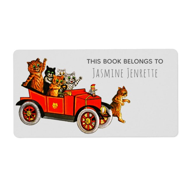 Etiqueta Baby Shower Funny Cartoon Cats Retro Car Purple (Frente)