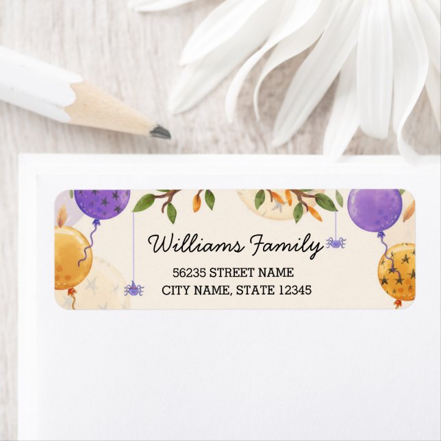 Etiqueta balões bonitos de halloween família laranja roxa (Insitu)
