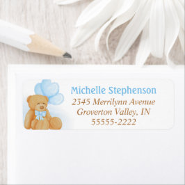 Etiqueta Balões de Coração Azul de Urso Vermelho