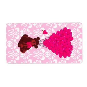 Etiqueta Balões de Urso e Cardíaco em damasco rosa