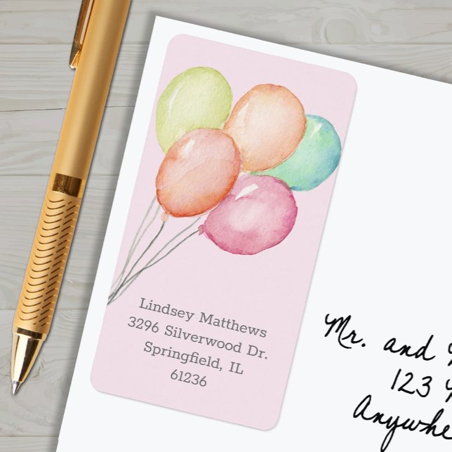 Etiqueta Balões Rapariga Chá de fraldas Rosa Endereço de De (Balloons on pink girl baby shower return address labels)