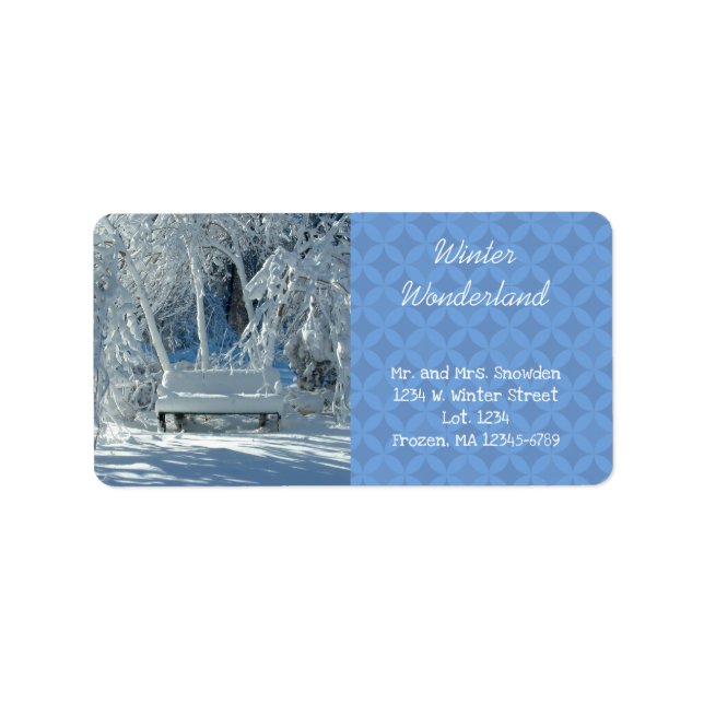 Etiqueta Banco De Jardim Na Neve / Padrão Azul / Inverno / (Frente)