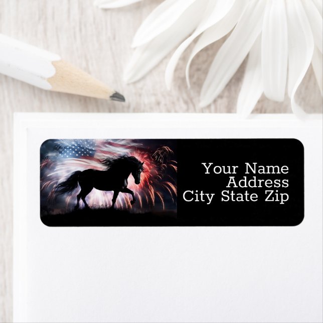 Etiqueta Bandeira e fogos de artifício dos cavalos american (Insitu)