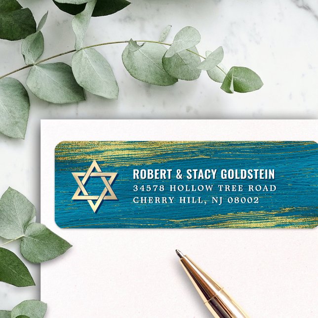 Etiqueta Bar Mitzvah Folha Dourada Turquesa Endereço de Ret (Criador carregado)