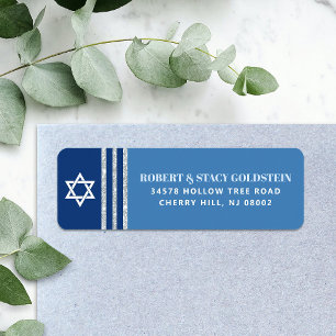Etiqueta Bar Mitzvah Talit Azul Ousado Prateado Endereço de