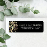 Etiqueta Bat Mitzvah Black Dourado Tree Life Return Endereç<br><div class="desc">Tenha orgulho, alegria e mostre este marco do seu Bat Mitzvah favorito com esta divertida, sofisticada e personalizada etiqueta de endereço de retorno! Uma folha de ouro falso gráfica com estrela cintilante de David e "folhas" ponto, juntamente com a tipografia sans serif, sobrepõe um fundo preto rico, sofisticado e rico....</div>