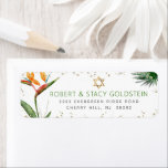 Etiqueta Bat Mitzvah Tropical Dourada Palm Watercolor Ender<br><div class="desc">Tenha orgulho, alegria e comemore este marco do seu Bat Mitzvah favorito com esta sofisticada e personalizada etiqueta de endereço de retorno! Na moda, atordoante, colorida, aves aquáticas tropicais de flores do paraíso, azul-estrela de David e pontos brilhantes e serifa verde e cinza moderna sobrepõem-se a um fundo branco. Personalize...</div>