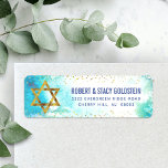Etiqueta Bat Mitzvah turquoise watercolor return address<br><div class="desc">Be proud, rejoice and celebrate this milestone of your favorite Bat Mitzvah! Use this stunning, modern, sparkly gold faux foil Star of David and tiny dots against a turquoise blue watercolor background, return address label to herald her special day. Personalize the custom text with your name and address. Guaranteed to...</div>