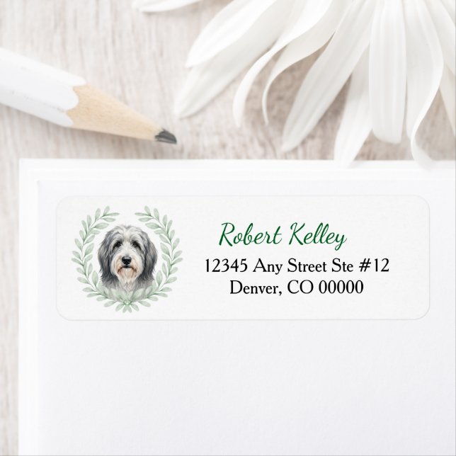 Etiqueta Bearded Collie Eucalyptus Leaf Wreath (Insitu)