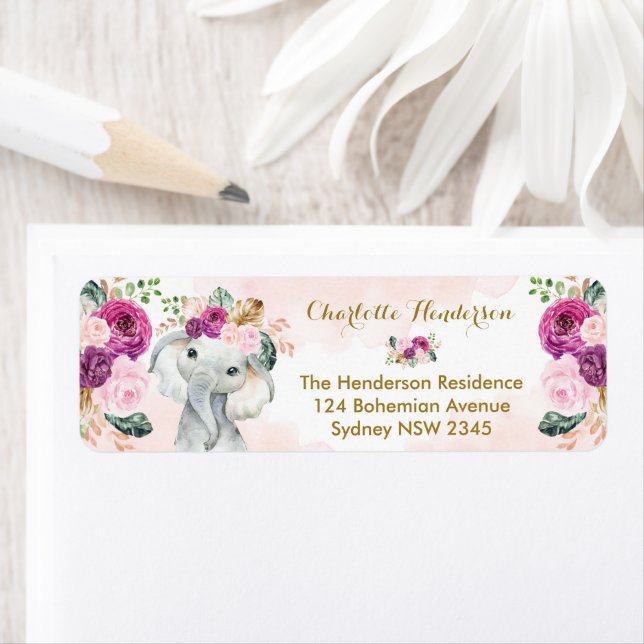 Etiqueta Bebê-Bebê-Elefante Floral Roxo (Insitu)