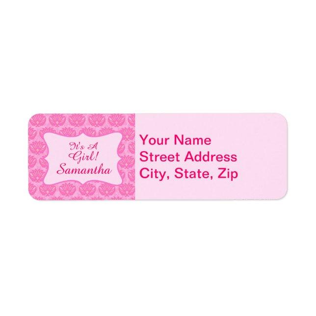 Etiqueta Bebê, Damask Rosa, Nome Particularmente Nascido (Frente)