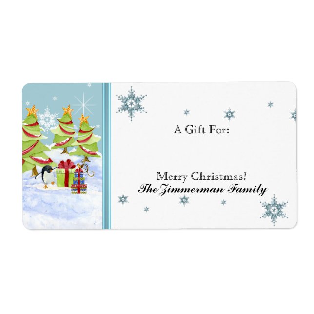 Etiqueta Bebês de Pinguim Cugado Inverno em Estrela de Neve (Frente)