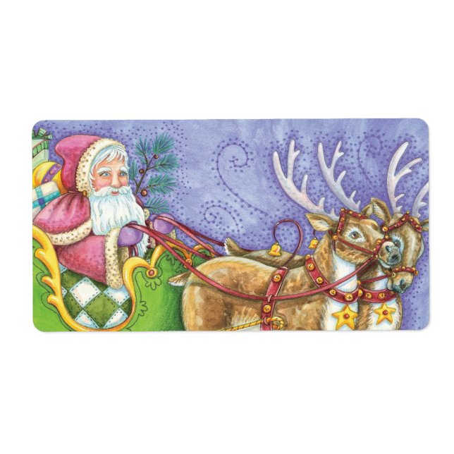 Etiqueta Bela Cartoon Natal Papai Noel Sleigh Reindeer (Frente)