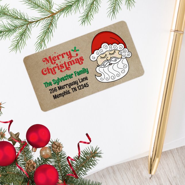 Etiqueta Belo Retro Papai Noel Feliz Natal (Retro Santa Merry Christmas Address Labels)